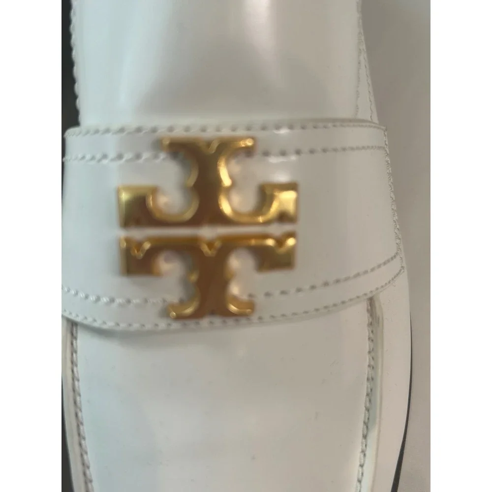 Tory Burch Lug Sole Loafers Women 10.5 White Gold Logo Leather Lug Sole 82845